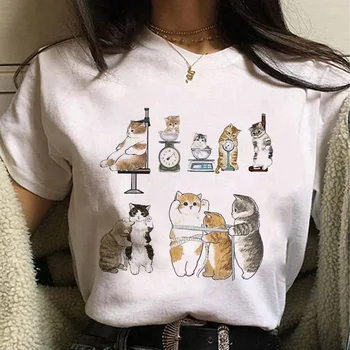 2021 Karikatúra Roztomilý Mačka Tlače Voľné Dámy T-shirt Vrchole Letné Kawaii Dámy Top okolo Krku T-shirt Oblečenie