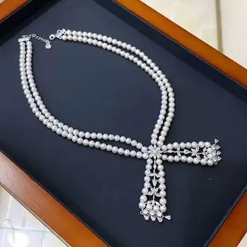 Ručne viazané 2 riadkov 43-47 cm, 7-8 mm biela takmer kolo sladkovodné perly micro vložkou zirkón náhrdelník módne šperky