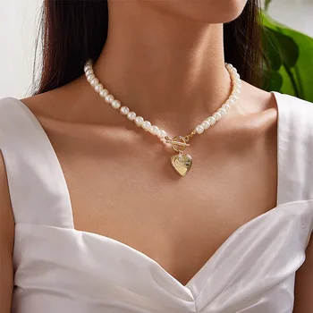 Blijery Trendy Vintage Pearl Choker Náhrdelník Pre Ženy Geometrické Srdce Mince Zámok Prívesok Milujú Šperky, Náhrdelníky Darček