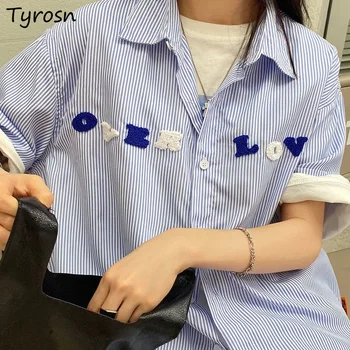 Letné Modré Pruhované Tričká Krátky Rukáv Ženy Harajuku Streetwear Výšivky Voľné Ročníka Všetkých Zápas Singel Svojim Nové Príležitostné