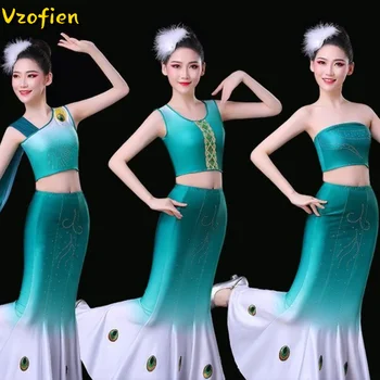 Ženy Dai Páva Tanečné Oblečenie Detí Fishtail Zábal Hip Čínske Ľudové Tanečné Kostýmy Detí Hmong Tanečné oblečenie pre Fáze