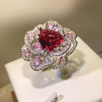 Nový Príchod Svadobné Svadobné Prstene s Červenými Zirkónmi Luxusné Módne dámske Ľadové Kvet Rez Otvorenie Krúžku Šperky