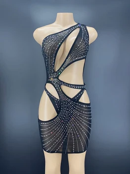Shinning Diamanty Mini Šaty Bar Spevák, Tanečník Sexy Fáze Nosenie Výkon Kostým Nový Nočný Klub Holow Z 2 Kusov Šiat