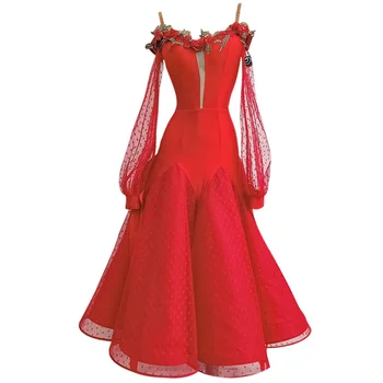 Štandardné Sála Ženy Latinskej Červené Šaty Vyšívané Bez Ramienok Valčík Štandardný Tanec Šaty Španielsky Flamenco Moderné Šaty
