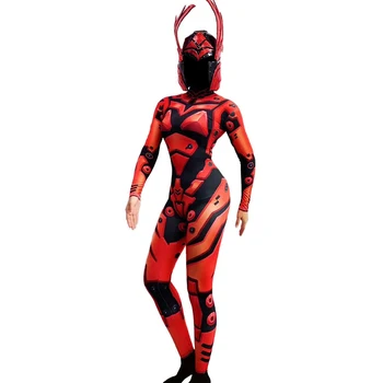Červená Sexy Ženy Jumpsuit Robot Prilba Ponožka Tri Kusy Fáze Kostým Vykonávať Strany Klubu Rave Festival Nosenie Drag Queen Oblečenie