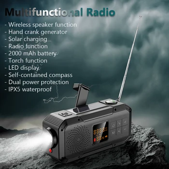 Slnečná energia Ručne Kľukou Rádio AM/FM/WB/NOAA Multifunkčné Rádio Bluetooth-kompatibilné Reproduktor pre Vonkajšie Kempovanie Turistika