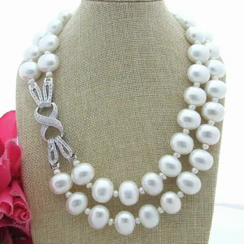 Ručne viazané 2strands bielych sladkovodných perál a shell náhrdelník sveter reťaz dlhú 53-58cm módne šperky