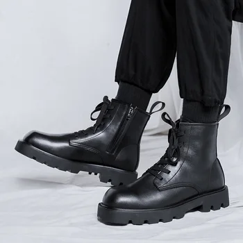 Britský štýl mens topánky na platforme black trend originálne kožené topánky móda kovboj členok boot jar jeseň motocykel botas