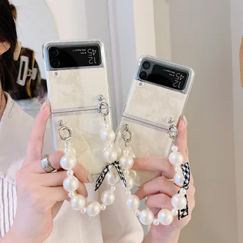 Z Flip 3 Luxusný Pearl Reťazca Telefón puzdro pre Samsung Galaxy Z Flip 2 Laserové Srdce Etui puzdro na Samsung Z Flip1 Shockproof Kryt