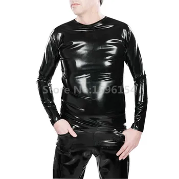 Kaučukového Latexu Muž T-Tričko s Dlhými Rukávmi Vytiahnuť Hore Tielko Sexy Čierne Gumové Tričko Plus Veľkosť XXXL LSM036