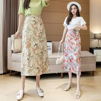 Maľovanie Kvetinová Split Elastický Pás kórejský Módne High-v strede zúžený Vintage Jar Jeseň Letné Oblečenie pre Ženy Sukne Ženy 2021