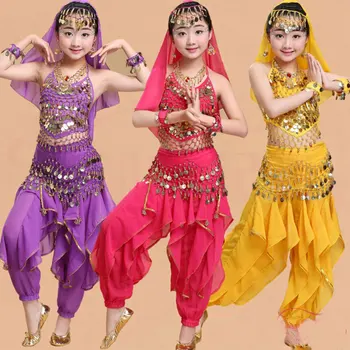 Dievča, Brušný Tanec Kostým Sady Deti Indický Tanec Šaty Dieťa Bollywood Dance Kostýmy pre Dievča Výkon Tanečné Nosiť 6 Farieb