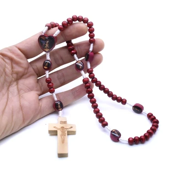 Drevené Korálky Ruženec Náhrdelník Prívesok Kríž Katolíckej Náboženskej Ježiš Náhrdelníky Ručné Muži Ženy Šperky Kúzlo Darček