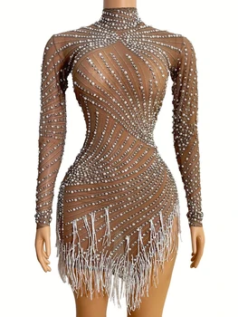 Pozrite si časť-Cez Oka Fringe Krátke Šaty, Sexy nočný klub Kostýmy Ženy Dj Gogo Dance Oblečenie Pearl Strapce latinské Tanečné Šaty VDB3164