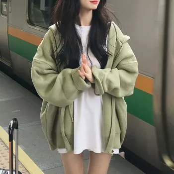 Kapucňou na zips jeseň žien cardigan bunda 2021 farbou voľné lenivý štýl dlhý rukáv vrecku módne kórejský sveter