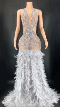 Luxusné Skromné Svadobné Party Šaty Elegantné Biele Pernatej Šaty Oslňujúci Diamanty Šaty pre Ženy