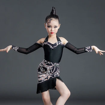 Nové Gázy Rukávy Ramienok Split Sukne Vyhovovali Detí latinské Tanečné Oblečenie Dievčat latinské Tanečné Kostýmy Praxi Nosenie SL4816