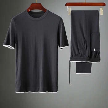 2022Summer high-end pletenie dva-kus hodvábu priedušná textílie mužov bežné kontrast farieb krátky rukáv športové tenké oblek