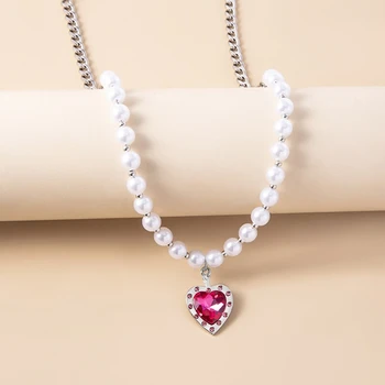 1PC Red Crystal Láska Srdce Prívesok Perlový Náhrdelník Temperament White Pearl Korálkové Choker Náhrdelník Šperky