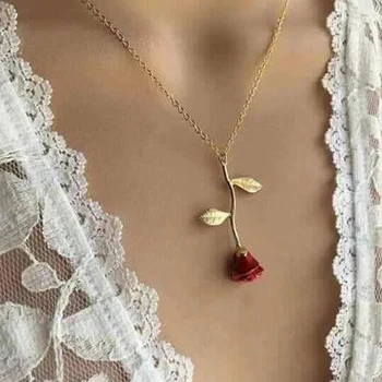 Nové Módne Šperky Tvorivé Kvapka Oleja Red Rose Náhrdelník Prívesok pre Ženy Zliatin Medi Náhrdelníky Reťazca Valentína Darom Lásky