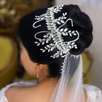 Luxusný Veľký List Kvet Crystal Čelenky Headdress pre Bridesmaid, Svadobné Hostiny, Vedúci Svadobné Zapojenie Vlasy Príslušenstvo