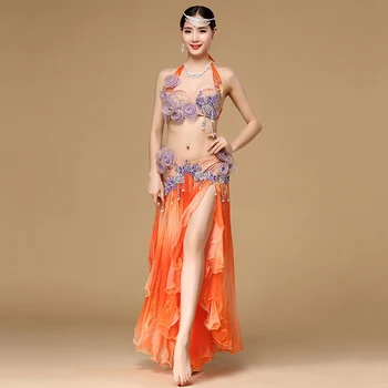 Ženy Dancewear Výkon Egyptský Bellydance Oblečenie Oblečenie C/D Pohár Maxi Sukne Orange Brucho Tanečných Kostýmov, Sada 2 ks