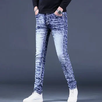 Džínsy Mužov Kamufláž Jeseň Bežné Modrá Slim Fit Rovné Nohavice Streetwear Módy Džínsové Nohavice CP2056