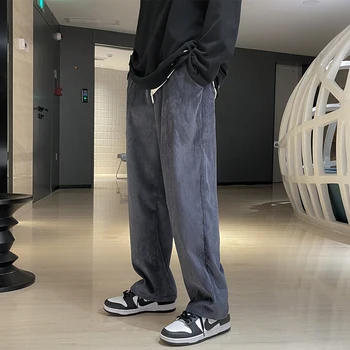 Muž Bežné Rovno Menčestrové Nohavice Jednofarebné Nadrozmerná Nohavice Muž Teplé Kórejský Streetwear Nohavice