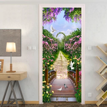 Vlastné 3D Dvere Nálepky nástennú maľbu Umenie Krásne Kvety, Plagát Tapety Samolepiace Nálepky Vymeniteľné Domov Dvere Obtlačky