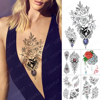 Nepremokavé Dočasné Tetovanie Nálepky Sapphire Mandala Henna Čipky Flash Tetovanie Diamond Rose Gem Body Art Rameno Falošné Tetovanie Ženy Muži