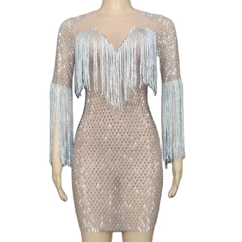 Svieti Diamond Silver Crystal Strapec Ženy Šaty Tesný Stretch Mesh Pohľadu Večerné Šaty Prom Oblečenie, Nočný Klub Kostým
